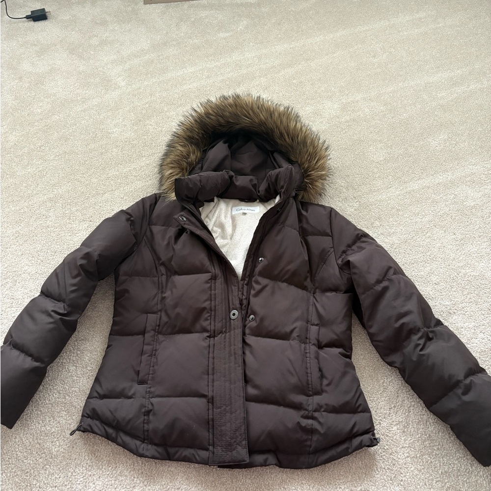 Calvin Klein Dark Brown Quilted Puffer Jacket with Faux Fur Hood
